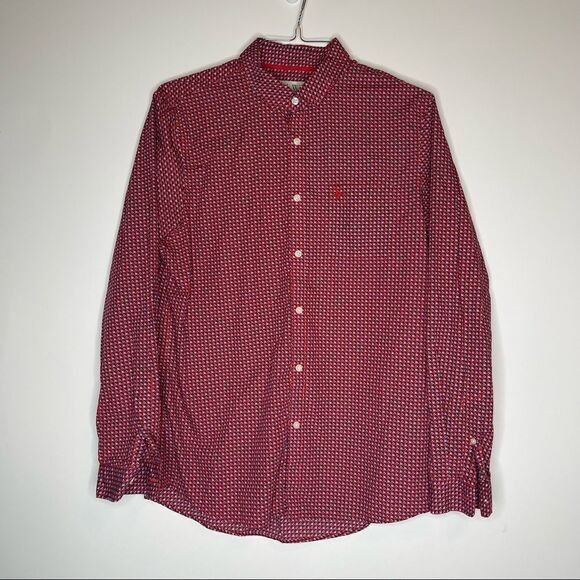 Jack Wills Red with White-Blue Small Print LS Button Down Shirt in Size Large - Picture 6 of 8
